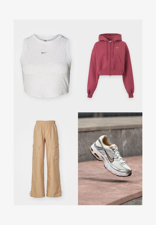 Veinipunane lühendatud lukuga kapuutsiga pusa eest taskutega, reguleeritava nööriga kapuuts, soonikkoes varrukasuu ja väike valge Nike logo rinnal.; Valge lühike topp, mis on valmistatud pehmest ja tekstuurist kangast. Omab ümmargust kaelaauku ja ilma varrukateta disaini ning väikest kuldset Nike logo ees.; Nike Sportswear TREND - Kargopüksid - hemp; Valge ja hõbedane Nike jooksujalanõu beeži Swoosh logoga, nähtav õhus kivipinna kohal, taustal ähmane hall sein.