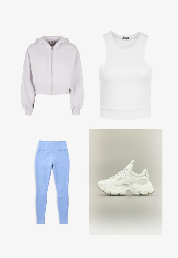Sweatshirt à capuche court en lavande claire. Comprend une fermeture éclair à l'avant, des poignets côtelés et une texture lisse. Design simple sans motifs.; Urban Classics LADIES SQUARED SHORT TOP - Débardeur - white; Leggings bleu clair en tissu extensible, dotés d'une large ceinture et d'un design perforé sur les côtés pour la ventilation.; Baskets blanches épaisses avec semelle épaisse texturée, dessus en mesh et cuir, fermeture à lacets et languettes sur la languette et le talon.
