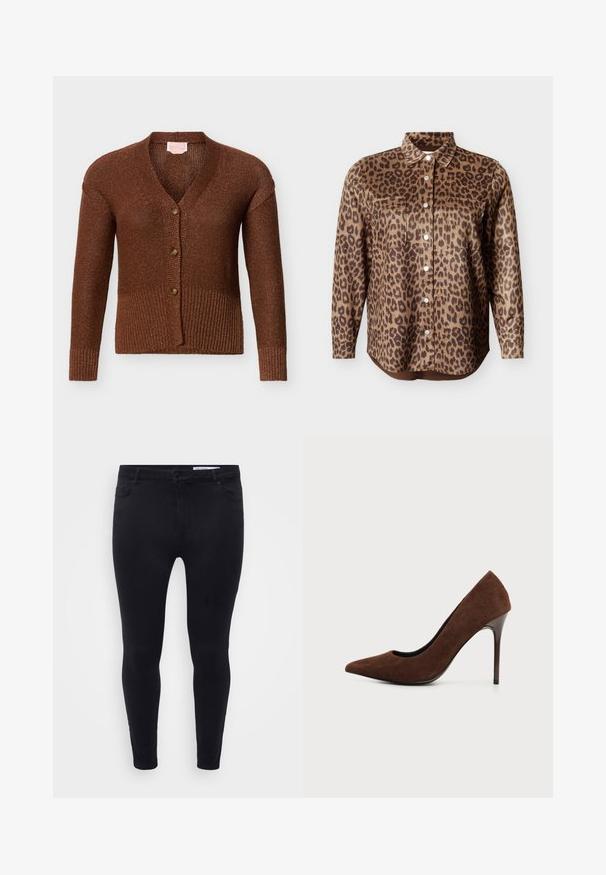 Brun strikket cardigan med V-hals, tre knapper af træ, ribbet manchetter og kant, vist på en ensartet lys baggrund.; Langærmet skjorte med leopardprint, knapper foran, to brystlommer og spids krave på ensfarvet baggrund.; Sorte slim-fit jeans lavet af strækbart denim, med en frontlukkedrag og bælteløkker, samt fem lommer med en glat overflade.; Brun ruskind højhælet spids pumps med en slank smal stilet hæl på en ensfarvet lys baggrund.