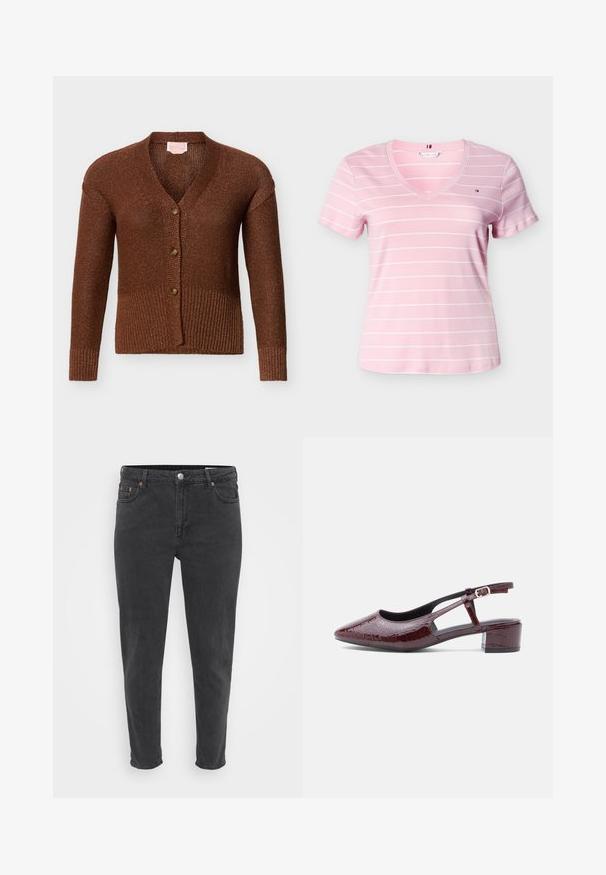 Brun strikket cardigan med V-hals, tre knapper af træ, ribbet manchetter og kant, vist på en ensartet lys baggrund.; Lyserød dames kortærmet V-hals T-shirt med tynde hvide vandrette striber og et lille logo på venstre bryst.; Slanke sorte denim jeans med frontknap og lynlås, bæltestropper og fem lommer, vist på en ensfarvet lys baggrund.; Bordeaux slingback sko med spids tå, krokodillemønster tekstur, udskårne sider og en lav blokhæl med en rem med spænde.