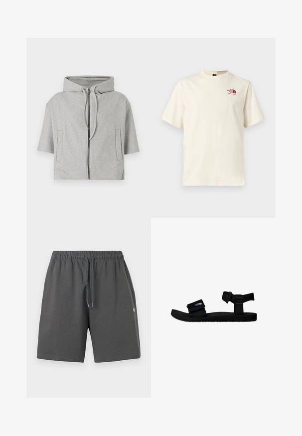 Grauer Kapuzenpullover mit Reißverschluss, kurzen Ärmeln und zwei Seitentaschen, aus weichem Material gefertigt und mit einem minimalistischem Design.; Kurzärmeliges off-white T-Shirt mit bordeauxrotem "The North Face"-Logo auf der linken Brust, Rundhalsausschnitt, schlichtes Design.; Graue Shorts aus weichem Stoff mit elastischem Bund und verstellbarem Kordelzug. Sie zeichnen sich durch ein schlichtes Design ohne Taschen oder Muster aus.; Schwarze Sandalen mit verstellbaren Stoffriemen, strukturiertem Gummisohle und einem Logopatch. Entworfen für Komfort und die Nutzung im Freien.