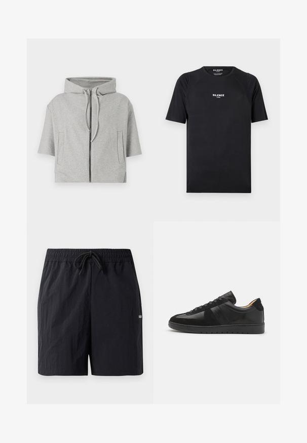 Grijze capuchontrui met ritssluiting, korte mouwen en twee zijzakken, gemaakt van zachte stof, met een minimalistisch ontwerp.; Zwarte t-shirt met korte mouwen van soepel materiaal, met een ronde hals en een wit "SILENCE" logo op de borst.; Zwarte zwembaden met een textuurstof, voorzien van een elastische tailleband met trekkoord en een klein logo aan de zijkant.; Tiger of Sweden BELLICU - Sneakers laag - black