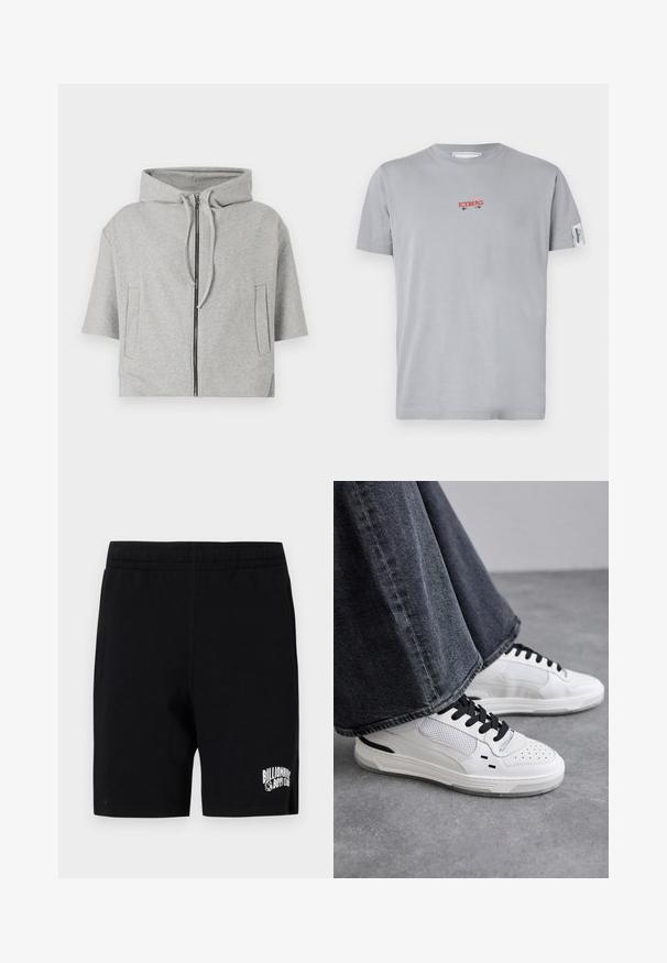 Grauer Kapuzenpullover mit Reißverschluss, kurzen Ärmeln und zwei Seitentaschen, aus weichem Material gefertigt und mit einem minimalistischem Design.; Iceberg T-Shirt print - grigio chiaro; Schwarze Shorts aus weichem Baumwollmix mit einem elastischen Bund, versehen mit einem weißen Logo auf dem linken Bein und Seitentaschen.; Weiße Sneakers mit schwarzen Schnürsenkeln und Netzdetails. Die Schuhe verfügen über ein glattes Lederobermaterial und eine strukturierte Gummisohle. Kombiniert mit weiten, grauen Jeans.