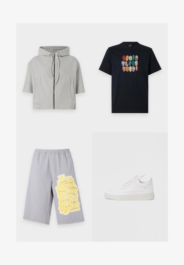 Grå hættetrøje med lynlås, korte ærmer og to sidelommer, lavet af blødt materiale, med et minimalistisk design.; Sort bomulds T-shirt med et farverigt grafisk motiv af forskellige læber i forskellige mønstre og farver på foran. Rund halsudskæring, korte ærmer.; Grå bomuldsshorts med elastisk talje, udstyret med et stort gult grafisk tryk og slidte kanter på venstre ben.; Hvid lædersneaker med rundet tå, flad sål og snørebånd foran. Har syningsdetaljer og polstret krave for komfort.
