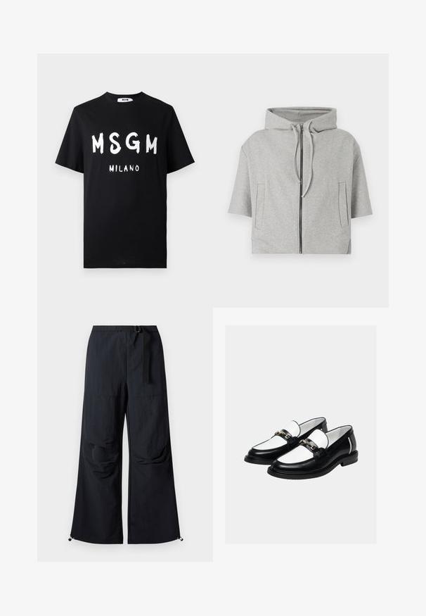 Γκρι hoodie με φερμουάρ, κοντά μανίκια και δύο πλαϊνές τσέπες, φτιαγμένο από μαλακό υλικό, με μινιμαλιστικό σχέδιο.; Μαύρη βαμβακερή μπλούζα T-shirt με έντονο λευκό κείμενο "MSGM MILANO." Σύντομοι μανίκοι και στρογγυλή λαιμόκοψη. Λείο υφή με άνετη εφαρμογή.; Μαύρο παντελόνι με φαρδιά μπατζάκια από ελαφρύ ύφασμα. Διαθέτει ζώνη, δύο μεγάλες πλαϊνές τσέπες και ρυθμιζόμενα τελειώματα με κλείσιμο με γάντζο.; Ζευγάρι ασπρόμαυρα δερμάτινα μοκασίνια με χρυσή αλυσίδα στην κορυφή, σε απλό φωτεινό φόντο.