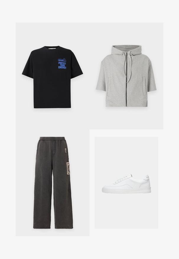 Grå hættetrøje med lynlås, korte ærmer og to sidelommer, lavet af blødt materiale, med et minimalistisk design.; Sort bomulds t-shirt med korte ærmer, der har blå tekst "BESKYT DIN ENERGI" og et grafisk design på den øverste venstre side.; Bredde bukser i mørkegrå stof, med et dekorativt patch på frontlommen og en elastisk talje for komfort.; Hvid lavt sneaker med snørelukning, glat læderoverdel og tyk sål, vist fra siden på en ensfarvet baggrund.