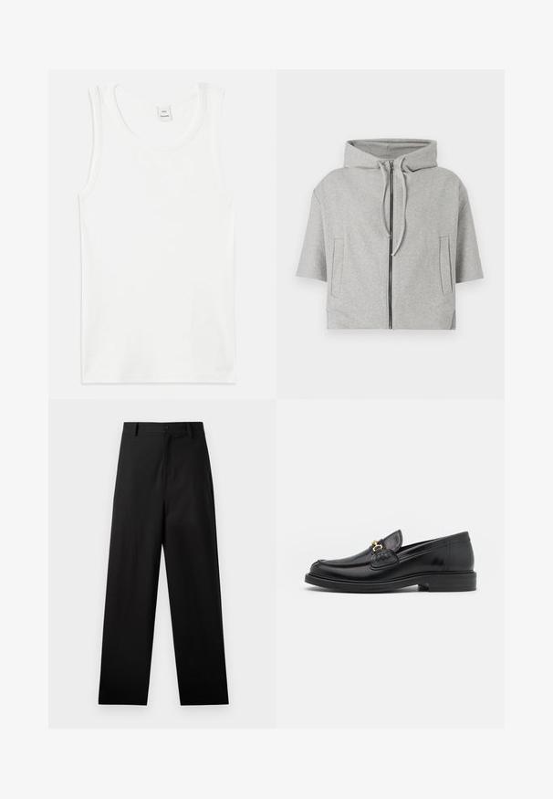 Sweat-shirt à capuche gris avec fermeture éclair, manches courtes et deux poches latérales, fabriqué dans un matériau doux, arborant un design minimaliste.; Débardeur en coton blanc avec un col rond et sans manches. Texture lisse et coupe droite, sans motifs ni embellissements.; Pantalons noirs en coton avec une coupe droite, dotés d'une fermeture à bouton à l'avant et de poches latérales. Texture lisse, sans motifs.; Mocassins en cuir noir avec un embout rond, présentant des accents en métal doré et des détails de couture, montés sur une semelle en caoutchouc texturé et basse.