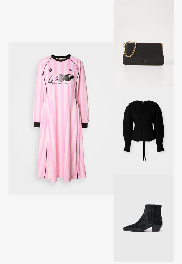 Cárdigan de punto negro acanalado con mangas largas abullonadas y cierre frontal con lazo, etiquetado con "BOSS" en el interior del cuello.; Vestido de manga larga en rosa claro con rayas verticales en rosa más oscuro y blanco, con un cuello redondo negro y puños negros. Logo visible en la parte delantera.; Botín negro hasta el tobillo con punta afilada, material texturizado similar al pelo, panel lateral acanalado y un tacón bajo y cuadrado. Diseño simple y moderno.; Clutch de cuero negro con una correa de cadena dorada. Presenta un cierre con cremallera y el nombre de la marca en relieve en dorado en la parte frontal. Textura suave, forma rectangular.