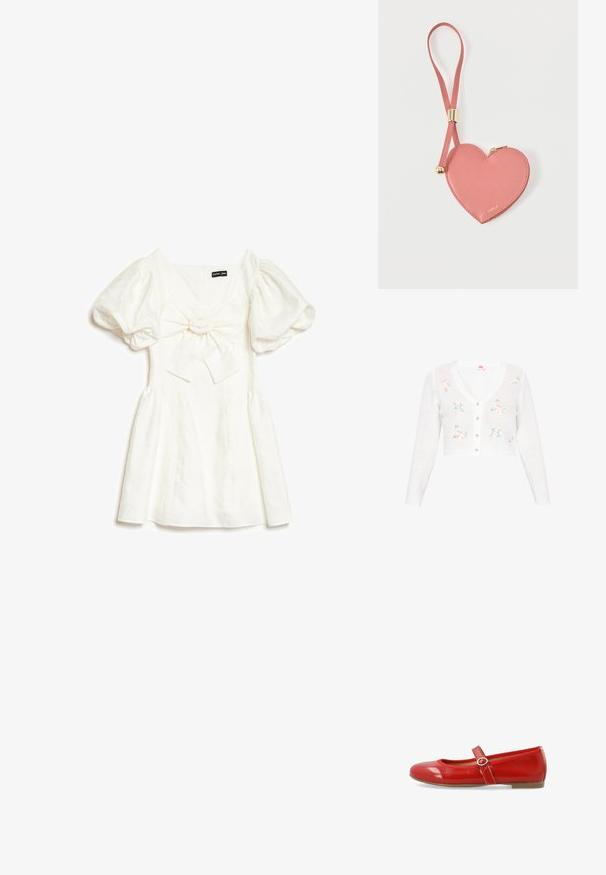 Witte, cropped cardigan met een v-hals, lange mouwen en gegolfde randen. Heeft meerkleurige bloemenborduursels en doorzichtige knopen.; Witte korte jurk met pofmouwen en een grote strik voorop, gelabeld Sister Jane, plat gelegd op een witte achtergrond.; Rode gepatenteerde leren ballerina met een ronde neus, een decoratieve band met een ronde gesp en een gladde, glanzende afwerking.; Roze leren muntportemonnee in hartvorm met polsbandje en gouden rits, gebrandmerkt met kleine gouden tekst "Furla".