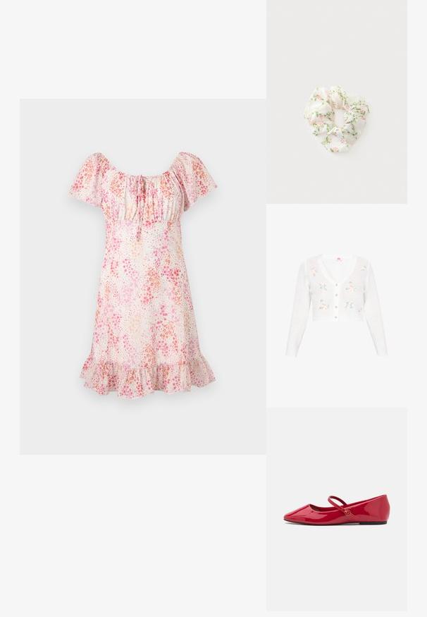 Cardigan blanco, recortado, con escote en V, mangas largas y bordes festoneados. Presenta bordados florales multicolores y botones transparentes.; Vestido corto floral con mangas abullonadas, escote fruncido y dobladillo con volantes en tonos rosa y durazno sobre fondo blanco.; Zapatillas tipo ballet de charol rojo con punta puntiaguda, correa en el tobillo y pequeño adorno redondo en la correa. Suela plana y textura suave.; Coletero de tela blanca con un patrón de flores rosas y hojas verdes sobre un fondo claro.