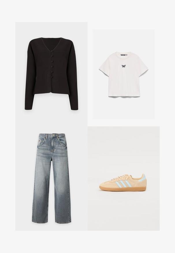 Cardigan negro de cuello en V con mangas largas, con un cierre de botones en la parte delantera y botones redondeados. Tejido de punto suave con un diseño minimalista.; Camiseta blanca de manga corta con escote redondo y pequeño dibujo de mariposa en púrpura y negro centrado en el pecho.; Vaqueros azul claro de pierna ancha con lavado desgastado, cierre frontal de botón y cremallera, bolsillos delanteros y traseros y trabillas para cinturón, dispuestos planos sobre un fondo blanco.; Las zapatillas de punto melocotón presentan tres rayas azul claro, punta redondeada, parte superior texturizada y una suela de goma marrón. No hay adornos adicionales.