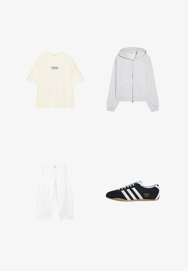 Sweat à capuche zippé gris clair avec poches avant, manches longues, poignets côtelés et capuche à cordon, posé à plat sur fond blanc.; T-shirt à manches courtes écru avec texte français bleu et petit dessin de poisson centré sur la poitrine. Aucune personne ou arrière-plan visible.; Jean blanc à jambes larges avec boutons et fermeture éclair à l'avant, passants pour ceinture, poches latérales et avant, présenté sur un fond uni.; Sneakers en suede noir avec trois bandes blanches, logo doré et semelle en caoutchouc marron. Présente un design à lacets à profil bas.