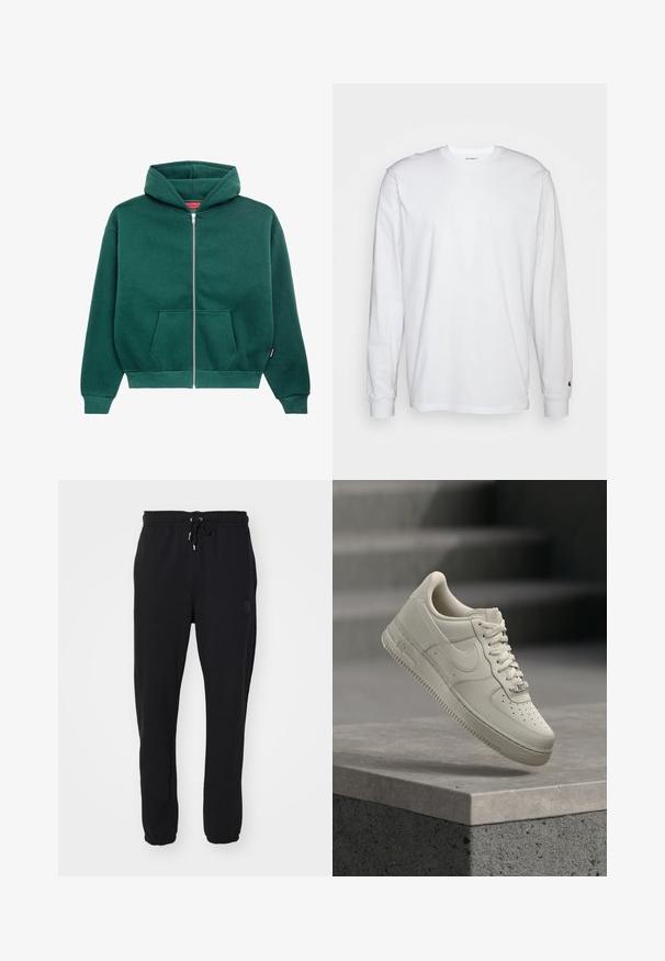 Hoodie zippé vert en tissu doux, avec une capuche, des poches avant et des poignets et un ourlet côtelés. Design simple et de couleur unie.; T-shirt blanc à manches longues en coton. Design à col rond avec des poignets côtelés et un petit logo sur la manche gauche. Texture lisse.; Pantalons de survêtement noirs avec une taille élastique et un cordon de serrage ajustable, présentant des chevilles côtelées et un logo discret sur le côté.; Une basket beige à lacets flotte au-dessus d'une surface en béton gris, le logo Nike visible, arrière-plan d'escalier flou.
