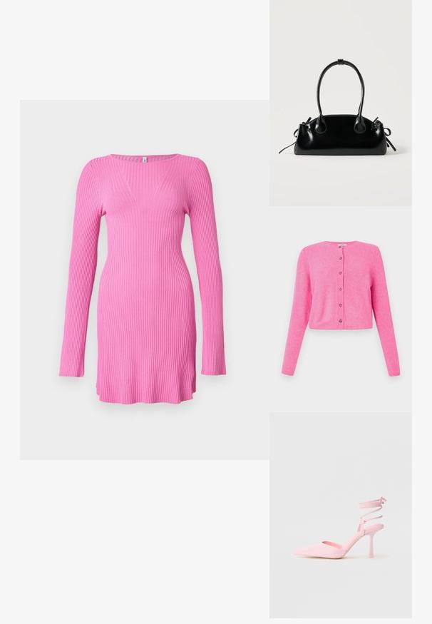 Lyserød cropped cardigan lavet af blødt materiale, med lange ærmer, rund halsudskæring og seks forknapper med dekorative detaljer.; Lyserød ribbet langærmet kjole med en tætsiddende silhuet, der har en diskret V-formet udskæring og sidelommer for bevægelsesfrihed.; Lyserøde højhælede sko med spidse tæer, satinfinish og ankelstrop med krydsgående detaljer. Slankt silhouette og tynd hæl.; Lille sort blank håndtaske med to lange håndtag og snøre-detaljer i siden på en ensfarvet lys baggrund.