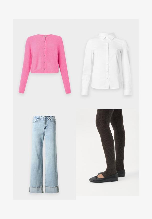 Cárdigan corto rosa hecho de material suave, con mangas largas, un cuello redondo y seis botones en la parte frontal con acentos decorativos.; Camisa blanca de manga larga con botones, cuello puntiagudo, bajo recto y silueta ajustada, presentada sobre un fondo claro y liso.; Jeans de mezclilla de color azul claro con piernas anchas, dobladillos deshilachados y detalles decorativos de strass en los puños. Diseño estándar de cinco bolsillos.; Piernas con leggings oscuros acanalados combinados con bailarinas negras que presentan pequeños detalles de lazo sobre un fondo blanco.