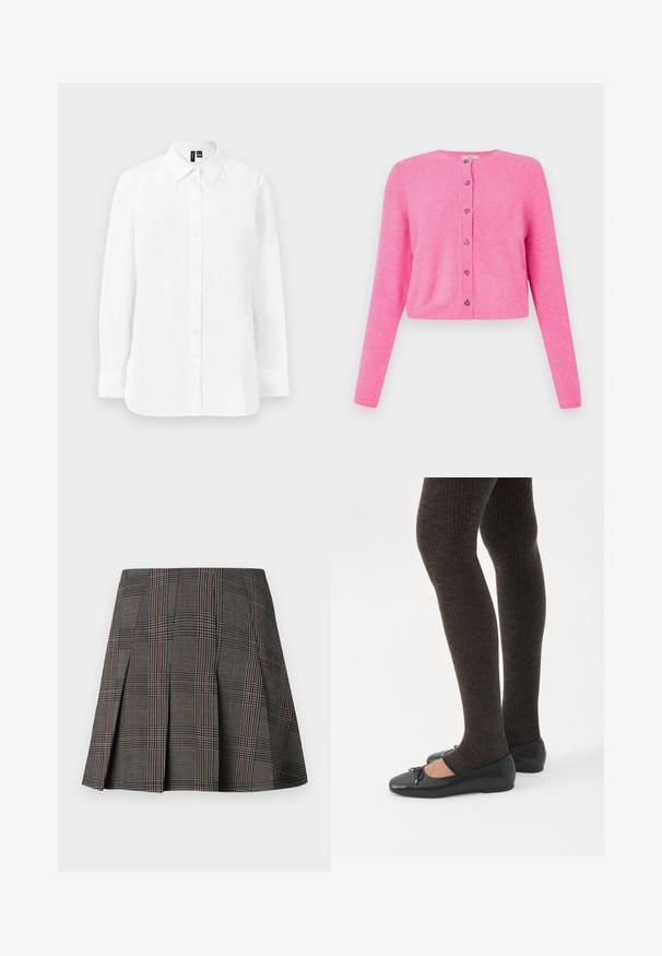Lyserød cropped cardigan lavet af blødt materiale, med lange ærmer, rund halsudskæring og seks forknapper med dekorative detaljer.; Hvid langærmet skjorte med knapper, spids krave, standard manchetter og lige kant mod en ensartet lys baggrund.; Gråternet nederdel med plisseringer, prydet med intrikate mønstre i sort og hvid, akkompagneret af tynde røde linjer. Fremstillet af et struktureret stof.; Ben iført mørke ribbede leggings kombineret med sorte balletsko med små sløjfedetaljer på hvid baggrund.