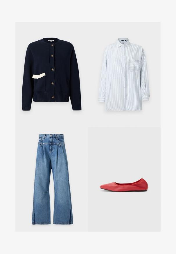 Cardigan en maille bleu marine avec col rond, boutons devant, poignets et ourlet côtelés, et un détail blanc à volants sur la poche gauche.; Chemise boutonnée à rayures verticales bleu clair et blanc, manches longues, poche poitrine, en tissu lisse, et dotée d'un col classique.; Jean bleu taille haute à jambes larges, avec des plis sous la ceinture et des surpiqûres horizontales discrètes au niveau des cuisses, présenté sur un fond uni.; Filippa K REY FLATS - Ballerines - bright red