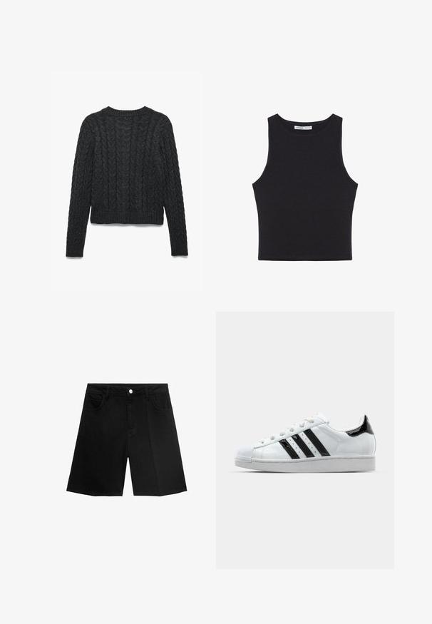 Donkergrijze kabelgebreide trui met lange mouwen en geribbelde manchetten, zoom en halslijn, vanuit de achterkant weergegeven op een witte achtergrond.; Zwart mouwloos cropped tanktop met ronde halslijn, rechte zoom en een klein merkembleem aan de binnenkant van de kraag.; Zwarte denim shorts met een rechte snit, vijf zakken en een zilveren knoopsluiting. Gladde textuur met minimale stikseldetails.; Witte sneaker met zwarte gepatineerde accenten, drie zwarte strepen en een rubberen neuzenkap. Voorzien van witte veters en een gladde bovenkant.