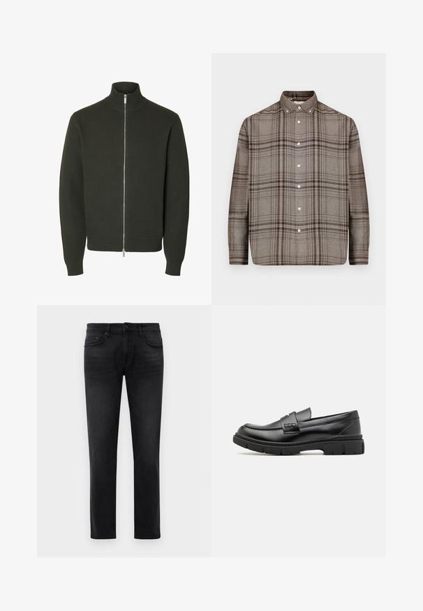 Donkergroene gebreide jas met lange mouwen, een geribde hoge kraag, manchetten en tailleband, met een zilveren rits over de volledige lengte aan de voorkant.; Lange mouwen bruine en beige geblokte button-up shirt met een knoopkraag en witte knopen aan de voorkant.; Zwarte slim-fit jeans met vijf zakken, riemlussen en knoopsluiting, plat gelegd op een witte achtergrond.; Zwarte leren instapper met een brede band over de voet, rubberen zool met dikke noppen en een gladde textuur. Klassiek, strak ontwerp.