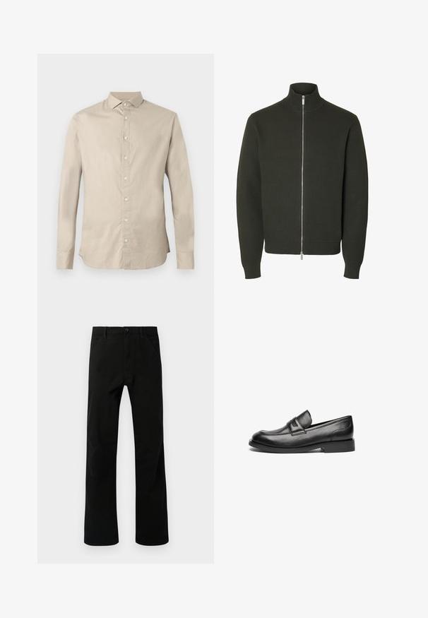 Veste en maille vert foncé à manches longues avec col haut côtelé, poignets et taille, avec une fermeture éclair argentée pleine longueur à l'avant.; Chemise beige à manches longues en coton, coupe droite, col à boutons et fermeture boutonnée à l'avant. Texture lisse sans motifs.; Pantalons noirs à jambe droite avec poches avant, fermeture par bouton et passants de ceinture, présentés sur un fond blanc.; Des mocassins en cuir noir présentent un bout arrondi, une couture sur le dessus et une semelle en caoutchouc plate et basse. Texture lisse sans motifs visibles.