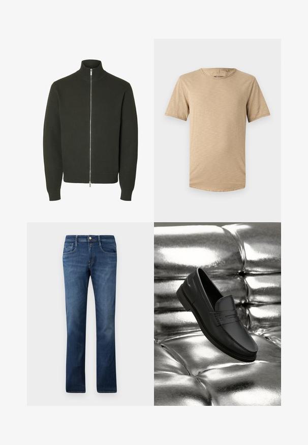 Dunkelgrüne Strickjacke mit langen Ärmeln, geripptem hohem Kragen, Bündchen und Bund, mit durchgehendem silbernem Reißverschluss vorne.; Beige T-Shirt mit kurzen Ärmeln aus weichem Stoff. Besitzt einen runden Halsausschnitt und eine leicht strukturierte Oberfläche mit abgerundetem Saum.; Blaue Denim-Jeans mit geradem Schnitt, ausgestattet mit Fronttaschen, einem Reißverschluss und einem Knopfverschluss. Mittlere Waschung mit subtilen Ausbleichungen.; Schwarze Lederloafers mit glatter Oberfläche, mit Ziernähte und klassischem Design, präsentiert vor einem metallischen, glänzenden Hintergrund.