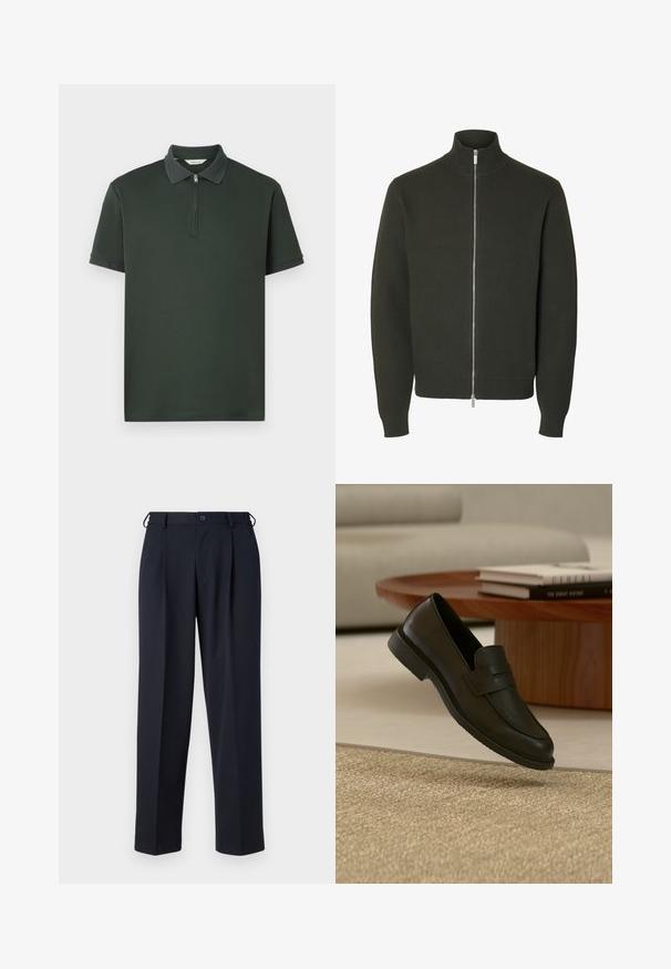 Chaqueta de punto de manga larga en verde oscuro con cuello alto, puños y cinturilla acanalados, con cremallera plateada de longitud completa en la parte delantera.; Polo de color verde oscuro con mangas cortas, cuello con cremallera y ribete texturizado en contraste. Hecho de una tela suave con un diseño minimalista.; Pantalones azul marino a medida con cierre delantero de botón y cremallera, trabillas para cinturón y bolsillos laterales, mostrados sobre un fondo blanco.; Zapato mocasín de cuero negro mostrado en el aire sobre una alfombra beige tejida, con una mesa de madera y libros apilados en una sala de estar con luz suave.