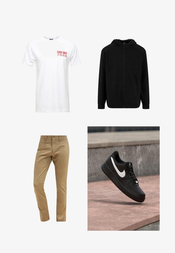Zwarte zip-up hoodie van zacht materiaal, met een capuchon, lange mouwen en een voorkant met rits. Inclusief twee voorzakken en een gestructureerde binnenkant.; Witte katoenen t-shirt met korte mouwen, met daarop in rode drukletters aan de linkerkant van de borst de tekst "CASH ONLY" en de Chinese vertaling ervan.; Beige chino's met een gladde textuur, slim fit, knoopsluiting en riemlussen, met een standaard ontwerp voor de voorkantzakken.; Zwarte Nike Air Force 1 sneaker met wit swoosh-logo zwevend boven een stenen oppervlak en een grijze, getextureerde muur op de achtergrond.