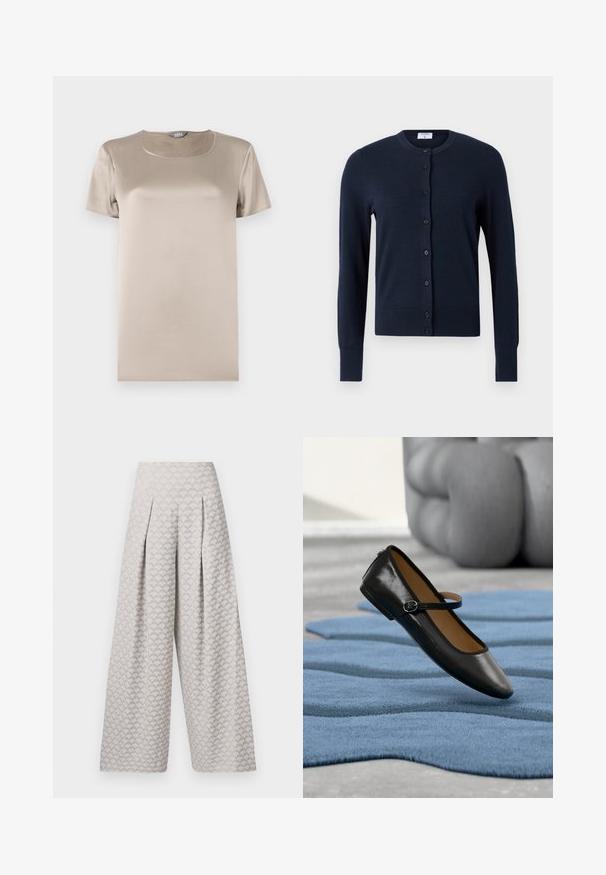 Filippa K CARDIGAN - Cardigan - navy; Beige kortærmet T-shirt lavet af glat satin stof med rund halsudskæring og minimalistisk design uden dekorationer.; Lys grå brede bukser med et struktureret mønster, der minder om små trekanter, med høj talje og sammenfoldninger for ekstra struktur.; Sort læder Mary Jane-sko med spænde, vist på et struktureret blåt tæppe, med en sløret grå tuftet sofa i baggrunden.