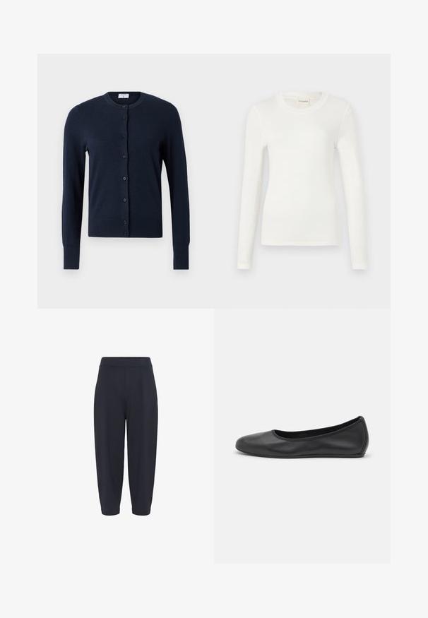 Filippa K CARDIGAN - Kardigán - navy; Biele tričko s dlhým rukávom vyrobené z jemného materiálu, s okrúhlym výstrihom a priliehavým strihom. Minimalistický dizajn bez vzorov alebo akcentov.; Námornícke modré zúžené nohavice s elastickým pásom, obsahujúce stredné prehyby, hladkú textúru a dĺžku po členky.; Čierne kožené baleríny s okrúhlou špičkou, hladkým povrchom, minimálnym prešívaním a flexibilným dizajnom podrážky.