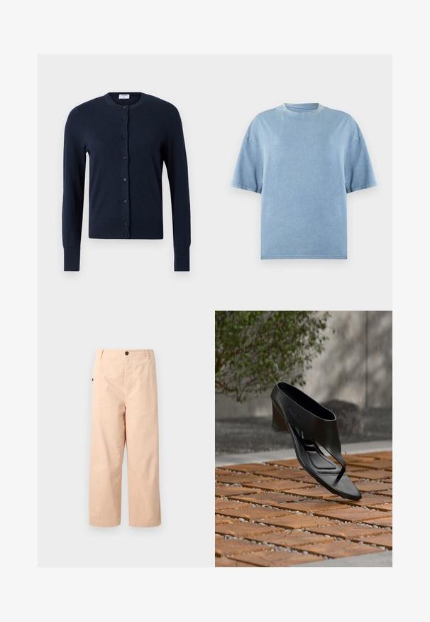 Filippa K CARDIGAN - Ζακέτα - navy; Φαρδιά μπλε ανοιχτό μπλούζα από μαλακό βαμβάκι. Διαθέτει κοντά μανίκια, στρογγυλή λαιμόκοψη και ραμμένες άκρες με ομαλή υφή.; Κρεμ βαμβακερά cropped παντελόνια με ίσια γραμμή, διαθέτοντας ένα κουμπί στη μέση και πλαϊνές τσέπες. Λείος υφασμάτινος χαρακτήρας χωρίς σχέδια.; Μαύρο πέδιλο με ψηλό τακούνι και λουράκι ανάμεσα στα δάχτυλα, που αιωρείται πάνω από ένα διακοσμημένο ξύλινο και χαλικάδικο εξωτερικό χώρο με θολό πράσινο και τοίχο στο φόντο.