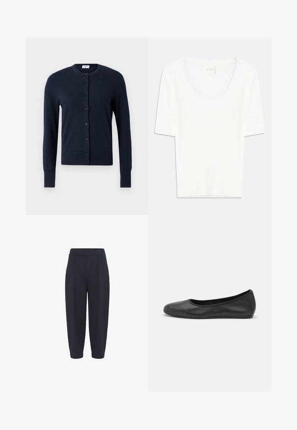 Filippa K CARDIGAN - Kardigán - navy; Biely tričko s krátkym rukávom a okrúhlym výstrihom. Vyrobené z mäkkej bavlnenej tkaniny, má uvoľnený strih a minimalistický dizajn.; Námornícke modré zúžené nohavice s elastickým pásom, obsahujúce stredné prehyby, hladkú textúru a dĺžku po členky.; Čierne kožené baleríny s okrúhlou špičkou, hladkým povrchom, minimálnym prešívaním a flexibilným dizajnom podrážky.