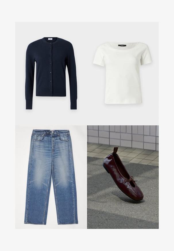 Filippa K CARDIGAN - Ζακέτα - navy; Λευκό γυναικείο βαμβακερό τοπ με κοντά μανίκια και φαρδύ στρογγυλό λαιμόκοψη σε απλό ανοιχτό φόντο.; Μπλε τζιν παντελόνι με άνετη εφαρμογή, ξεθωριασμένο μπροστινό μέρος, πέντε τσέπες και κλείσιμο με κουμπί. Διαθέτει ασημένιο κουμπί και αντίθετη ραφή.; Λαμπερό σκουροκόκκινο μπαλαρίνα παπούτσι με μικρό φιόγκο στην κορυφή, τοποθετημένο κάθετα σε υφή εδάφους κοντά σε φόντο από πλακιδωτό τοίχο.