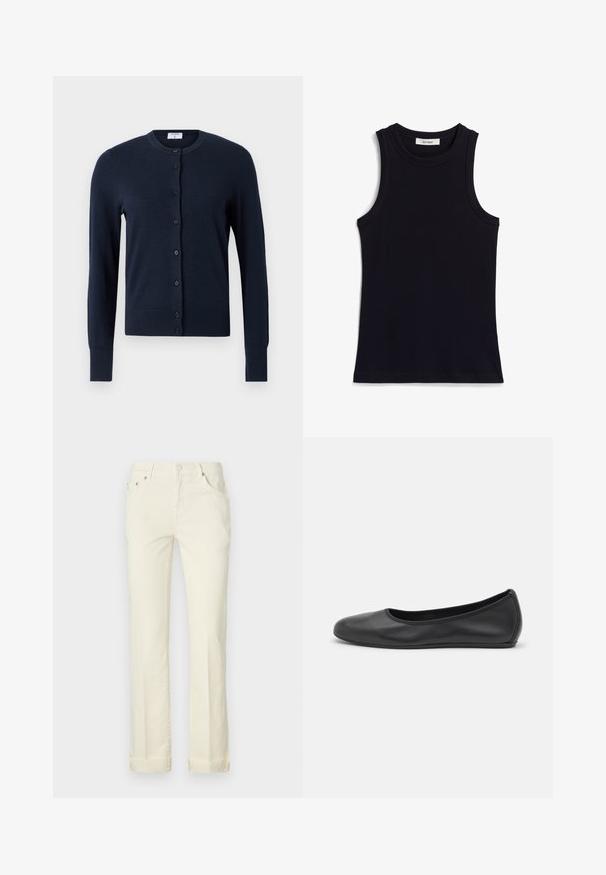 Filippa K CARDIGAN - Strickjacke - navy; Schwarzes ärmelloses Top mit gerippter Textur, Rundhalsausschnitt und normaler Passform. Das Etikett trägt die Aufschrift "IVY OAK". Keine weiteren Muster oder Akzente.; Hellgelbe gerade Jeans aus Baumwolle, mit einem Fünf-Taschen-Design, Gürtelschlaufen und aufgerolltem Saum.; Schwarze Leder-Ballettschuhe mit abgerundeter Spitze, glatter Textur, minimalen Nähdetails und einem flexiblen Sohlen-Design.