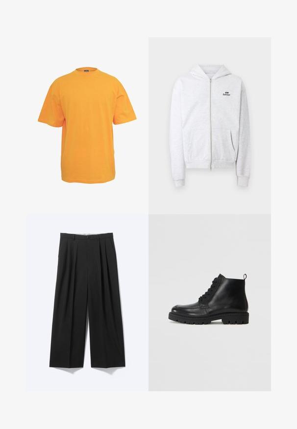 Lysegrå hættetrøje med lynlås, forlommer og en lille sort "bareen" logo på brystet, med ribstrikkede manchetter og kant.; Orange bomulds t-shirt med rund halsudskæring, korte ærmer og en afslappet pasform. Ingen mønstre eller detaljer. Glat tekstur.; Sorte bukser med vide ben, forplisser, bæltestropper og knaplukning vist på en ensartet lys baggrund.; Sorte læder ankelstøvler med rund tå, snørebånd fortil og tekstureret gummisål. Inkluderer en løkke ved hælen for nem påføring.