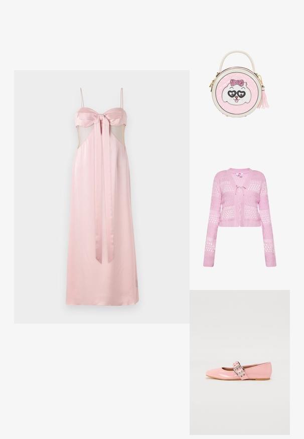 Cardigan court en crochet de couleur rose pâle, avec un décolleté en V, des manches longues et des motifs ajourés, doté d'une fermeture à lacet à l'avant.; Robe en satin rose avec des bretelles fines, un détail en nœud au niveau de la poitrine et des découpes latérales transparentes. Longue au sol avec une texture lisse.; Ballerines en cuir verni rose avec un bout carré, détail de sangle à boucle et une semelle en caoutchouc plate. Texture lisse sur l'ensemble.; Sac à main rond rose avec un visage de chien blanc et rose portant un nœud pailleté et des lunettes en forme de cœur, une poignée supérieure et une tirette de fermeture éclair à pompon sur le côté.