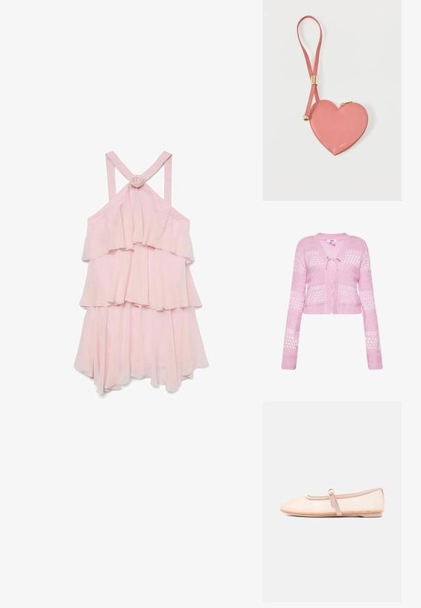 Cárdigan corto de estilo crochet en rosa claro, con cuello en V, mangas largas y patrones de tejido abierto, con cierre de lazo en la parte delantera.; Vestido sin mangas de color rosa pálido con volantes en capas, que presenta un acento de rosa en la parte posterior y tirantes cruzados, confeccionado con una tela ligera.; Zapato plano beige claro con punta puntiaguda y una sola correa con hebilla lateral, mostrado sobre un fondo blanco liso.; Monedero de cuero rosa en forma de corazón con correa para la muñeca y cremallera dorada, con la marca "Furla" en pequeño texto dorado.