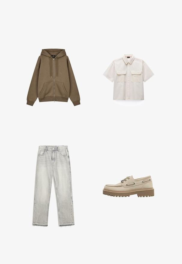 Brun hættejakke med lynlås, forlommer, snor i hætten, ribbet kant ved ærmer og nederst samt et lille "MN"-logo på lommen.; Beige kortærmet skjorte med krave, knaplukning foran og to klaplommer med knap på brystet.; Lys grå denimjeans med en let falmet finish, lige pasform, fem-lomme design og flosset søm. Flad taljebånd med bælteløkker.; Beige læder bådsko med snørebånd, tyk brun slidstærk sål med kraftigt mønster, mokasinsøm ved tåen, snøredetaljer på siden og metaløjer.