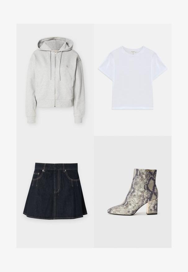 Lichtgrijze zip-up hoodie met trekkoorden, frontzakken, geribbelde manchetten en een klein "cK"-logo op de linkerborst.; Witte cropped t-shirt van zacht katoen, met een ronde hals en korte mouwen in een iets ontspannen pasvorm. Geen patronen of accenten.; Denim rok in donkerblauw, met een uitlopende uitstraling, riemlussen, voorzakken en contrasterende stiksels langs de naden.; Python-enkellaarsjes in grijs en paars, met een spits toelopende neus en een blokhak met een gouden accent. Gladde textuur.