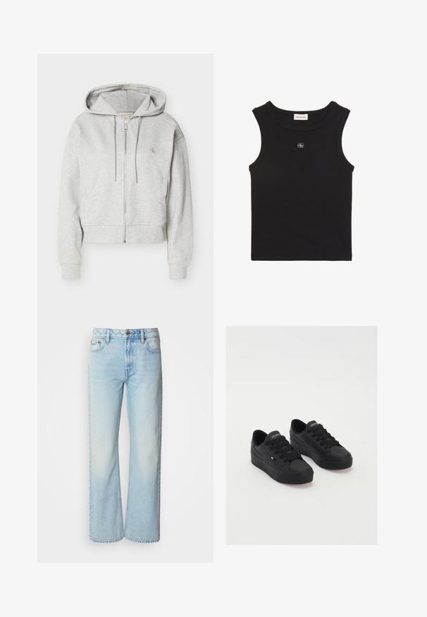 Lysegrå hættetrøje med lynlås, snore i hætten, forlommer, ribstrikkede manchetter og lille "cK"-logo på venstre bryst.; Sort ribbet, ærmeløs top med rund halsudskæring, Calvin Klein Jeans-mærke inde i kraven og lille CK-logo-patch på brystet.; Lyseblå brede jeans lavet af denim med et klassisk fem-lomme design og en subtil falmet tekstur. Denim-syninger er synlige.; Sorte lavtop sneakers lavet af glat materiale, med tykke snørebånd, en struktureret sål og et lille logo på siden og tungen.