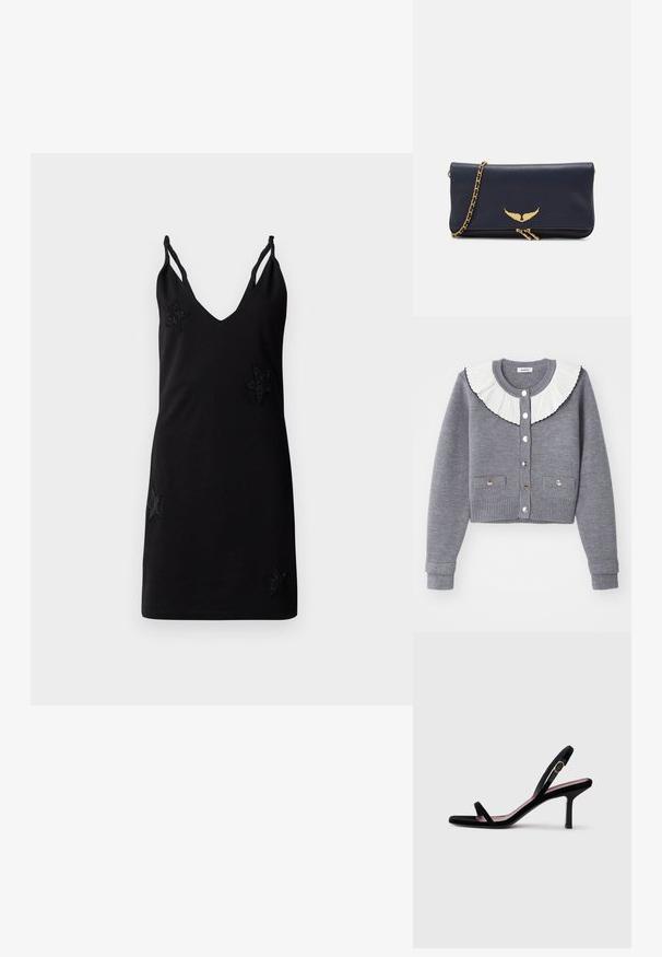 Cárdigan gris con un cuello blanco plisado, frente abotonado, dos bolsillos frontales y puños y bajo de canalé.; Vestido negro sin mangas con escote en V, hecho de tela suave, que presenta apliques decorativos de estrellas de cuentas en la parte delantera.; Sandalia de tacón alto de gamuza negra para mujer, con tiras finas y una hebilla dorada, sobre un fondo blanco, vista lateral.; Clutch de piel azul marino con emblema alado dorado, correa de cadena y cierre de doble cremallera. Textura suave con forma rectangular elegante.