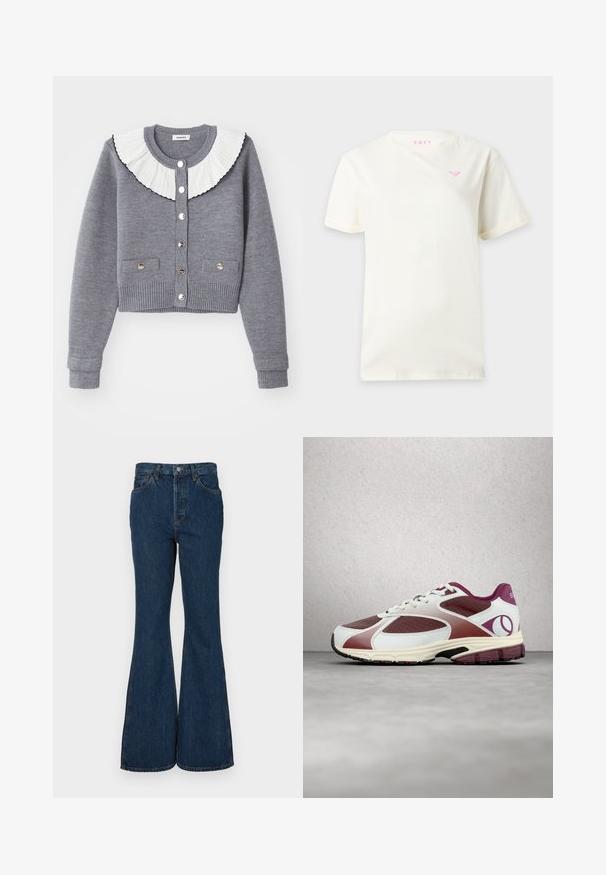 Grå cardigan med en plisseret hvid krave, knappet fortil, to forlommer og ribbede manchetter og kant.; Hvid enkel t-shirt med korte ærmer med lille rosa Roxy-logo på venstre bryst og pink Roxy-mærke indeni kraven.; Mørkeblå flare jeans lavet af denim. Har høj talje, fem lommer og kontrastsyet. Glat tekstur og ren finish.; Vinrød og hvid sports-sneaker med hvide snørebånd, opsvævet over grå gulv nær matterede glasblokke og søjle.