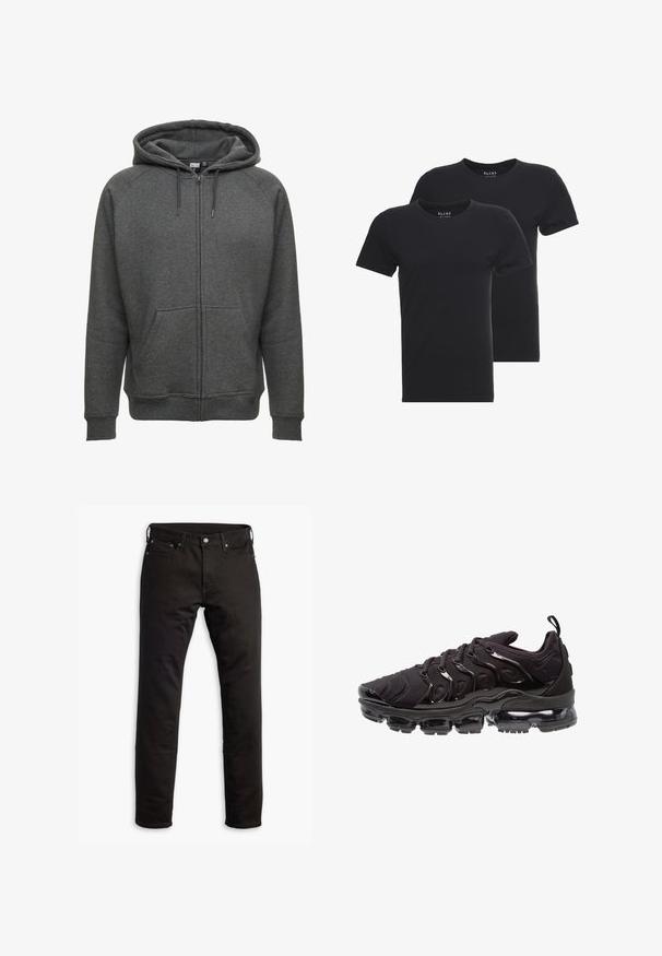 Grå zip-up hoodie lavet af en bomuldsblandingsmateriale, der har en hætte med snor, sidelommer og ribbet manchetter og kant.; To sorte bomulds T-shirts med korte ærmer og rund hals. Stofstrukturen ser glat ud uden mønstre eller synlig branding.; Sorte denimjeans med et lige ben-design, forlommer og knaplukning. Stoffet har en glat tekstur og minimal detaljering.; Sorte atletiksko med et tekstureret stofoverdel, metalliske detaljer og en markant luftfyldt sål. Har distinkte bølge-lignende designelementer.