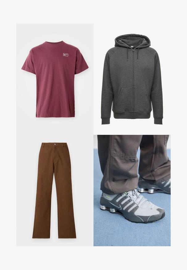 Grijze rits-hoodie gemaakt van een katoenmix, met een capuchon met trekkoord, zijzakken en ribgebreide manchetten en zoom.; Bordeaux kortemouwen T-shirt met ronde hals en een klein wit Nike swoosh-logo binnen een afgeronde rechthoek op de linkerborst.; Bruine katoenen broek met een rechte pijp, knoopsluiting en twee voorkachels. Soepele textuur zonder zichtbare patronen of versieringen.; Grijze en zilveren Nike Shox sneakers hebben een strakke uitstraling, met een combinatie van mesh en synthetische materialen, een ronde neus en een gevoerde kraag.