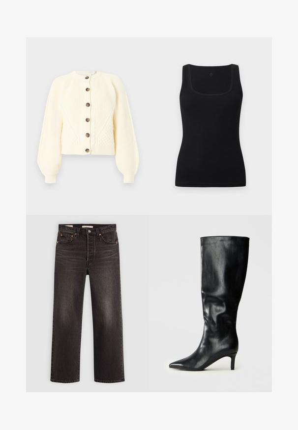 Krémový kabátik so vzorom copánkového pletenia, balónovými rukávmi a šiestimi tmavými gombíkmi na prednej strane, zobrazený na bielom pozadí.; Čierne priliehavé tielko z hladkej látky, so štvorcovým výstrihom a širokými ramienkami; bez viditeľných vzorov alebo zdobení.; Čierne deninové džínsy so strihom rovného nohavice. Obsahujú medené nitové detail a vrecká. Hladká textura a jemne vyblednutý vzhľad.; Čierne kožené čižmy po kolená s špicatou špičkou a úzkym podpätkom. Hladká textúra s priliehavým dizajnom a minimálnym zdobením.
