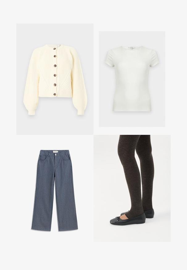 Cardigan crème en maille torsadée avec manches ballon et six boutons foncés sur le devant, présenté sur fond blanc.; T-shirt ajusté blanc uni à manches courtes avec encolure ronde, présenté sur un fond neutre.; Pantalon large bleu marine à rayures blanches verticales, bouton et fermeture éclair à l'avant, avec deux poches frontales.; Jambes portant des leggings côtelés foncés associés à des ballerines noires avec de petits détails en nœud sur fond blanc.