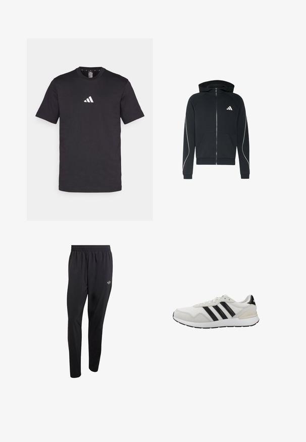 Zwarte hoodie met rits, voorzak, capuchon, witte gebogen lijnen op de mouwen en een wit driehoekig logo op de borst.; Zwarte katoenen T-shirt met korte mouwen, voorzien van een wit Adidas-logo op de borst. Klassiek ontwerp met ronde hals.; Zwarte sportbroek gemaakt van lichtgewicht materiaal, voorzien van een elastische tailleband en een klein reliëflogo op het bovenste gedeelte van het linkerbeen.; Witte sportschoenen met zwarte strepen. Gemaakt van mesh en suède, voorzien van een rubberen zool en een gevoerde kraag voor comfort. Klassiek ontwerp.