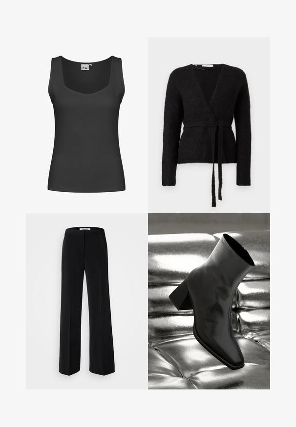 Cárdigan envolvente de punto negro y peludo con mangas largas y un cinturón a juego atado en la cintura, exhibido sobre un fondo blanco.; Camiseta sin mangas negra con escote cuadrado y textura acanalada. Diseño simple sin adornos ni patrones.; Pantalones anchos negros con una textura suave, que cuentan con una cinturilla ajustada y un diseño minimalista. Sin patrones ni acentos visibles.; Botín negro de tobillo hecho de material brillante, con punta cuadrada y tacón cónico, contra un fondo plateado brillante con almohadillado.
