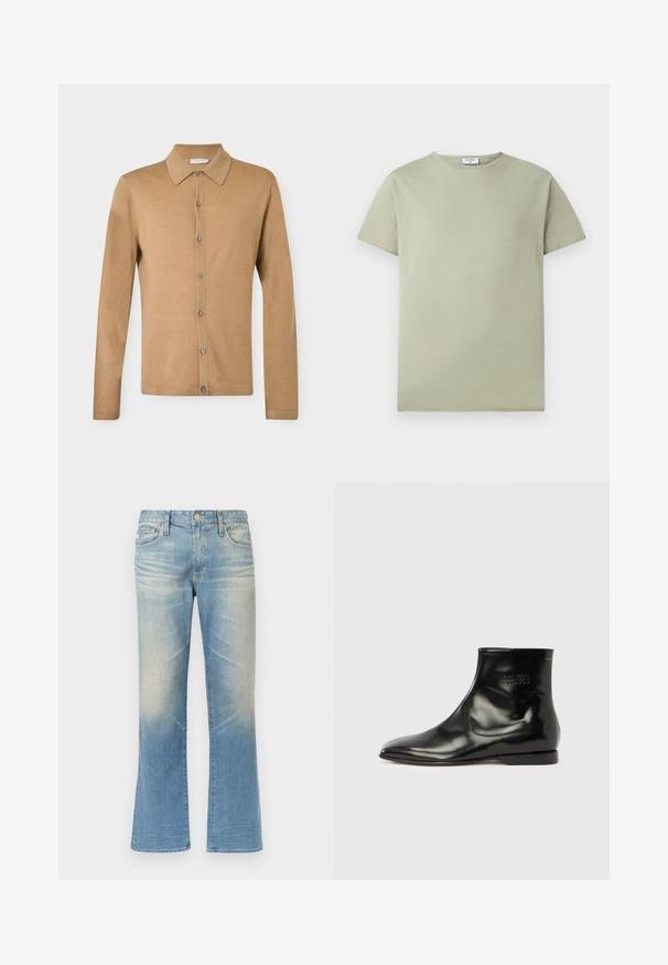 Chemise beige à manches longues avec boutons, col pointu, boutons à l'avant et ourlet droit, présentée sur un fond uni.; T-shirt vert clair à manches courtes avec col rond, avec une petite étiquette blanche à l'intérieur du col, sur un fond blanc uni.; Jean évasé en denim bleu clair avec une finition délavée, design à cinq poches, fermeture par bouton en métal et ourlets droits.; Bottine noire à la cheville avec une finition en cuir lisse et brillante. Bout pointu, talon bas empilé, design minimaliste et détail de logo embossé sur le côté.