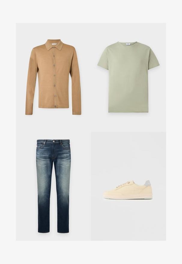 Chemise beige à manches longues avec boutons, col pointu, boutons à l'avant et ourlet droit, présentée sur un fond uni.; T-shirt vert clair à manches courtes avec col rond, avec une petite étiquette blanche à l'intérieur du col, sur un fond blanc uni.; Jean droit bleu pour hommes avec décoloration sur les cuisses et les genoux, fermeture avant par bouton et fermeture éclair, et design à cinq poches.; Baskets basses beige à lacets, semelle rose clair et languette grise à l'arrière marquée "Filling Pieces", vues de profil sur fond uni.