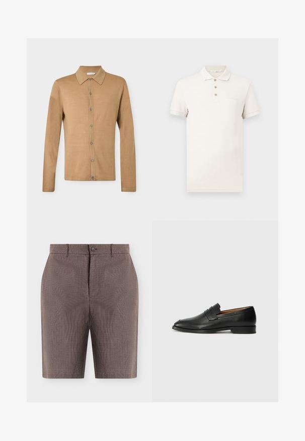 Chemise beige à manches longues avec boutons, col pointu, boutons à l'avant et ourlet droit, présentée sur un fond uni.; Polo à manches courtes couleur blanc cassé avec trois boutons beiges et un col, arborant un logo discret "Tiger of Sweden" sur la poitrine gauche.; Shorts marron pour homme sur mesure avec bouton à l'avant, fermeture éclair, passants pour ceinture et poches latérales, présentés sur un fond blanc uni.; Mocassin en cuir noir avec un bout arrondi, des coutures subtiles et un talon bas, présentant une texture lisse et un design minimaliste.